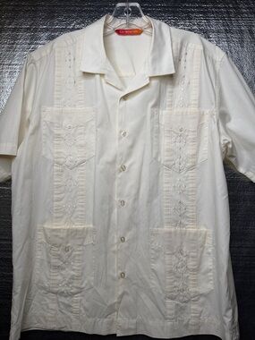 Guayabera Style Embroidered Button-Up Shirt in Ivory